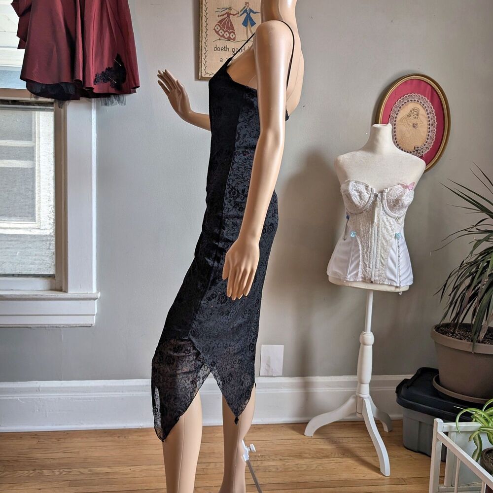 Vintage 90s Byer Too Black Midi Dress Cocktail Floral Glitter Whimsygoth Size M - Picture 9 of 16